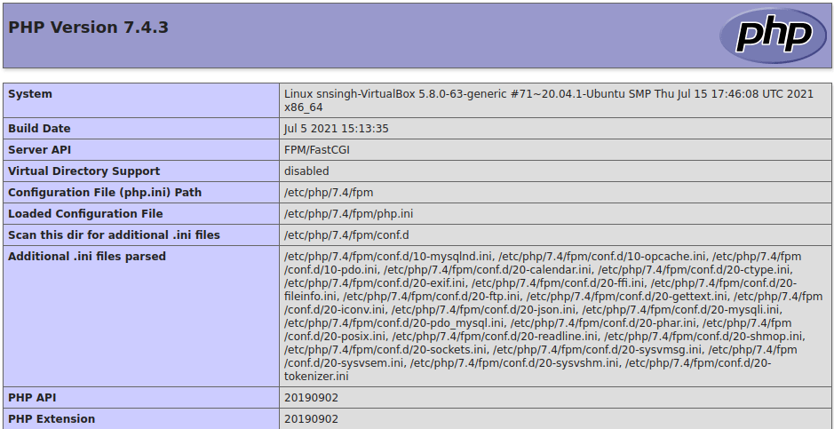 phpinfo page